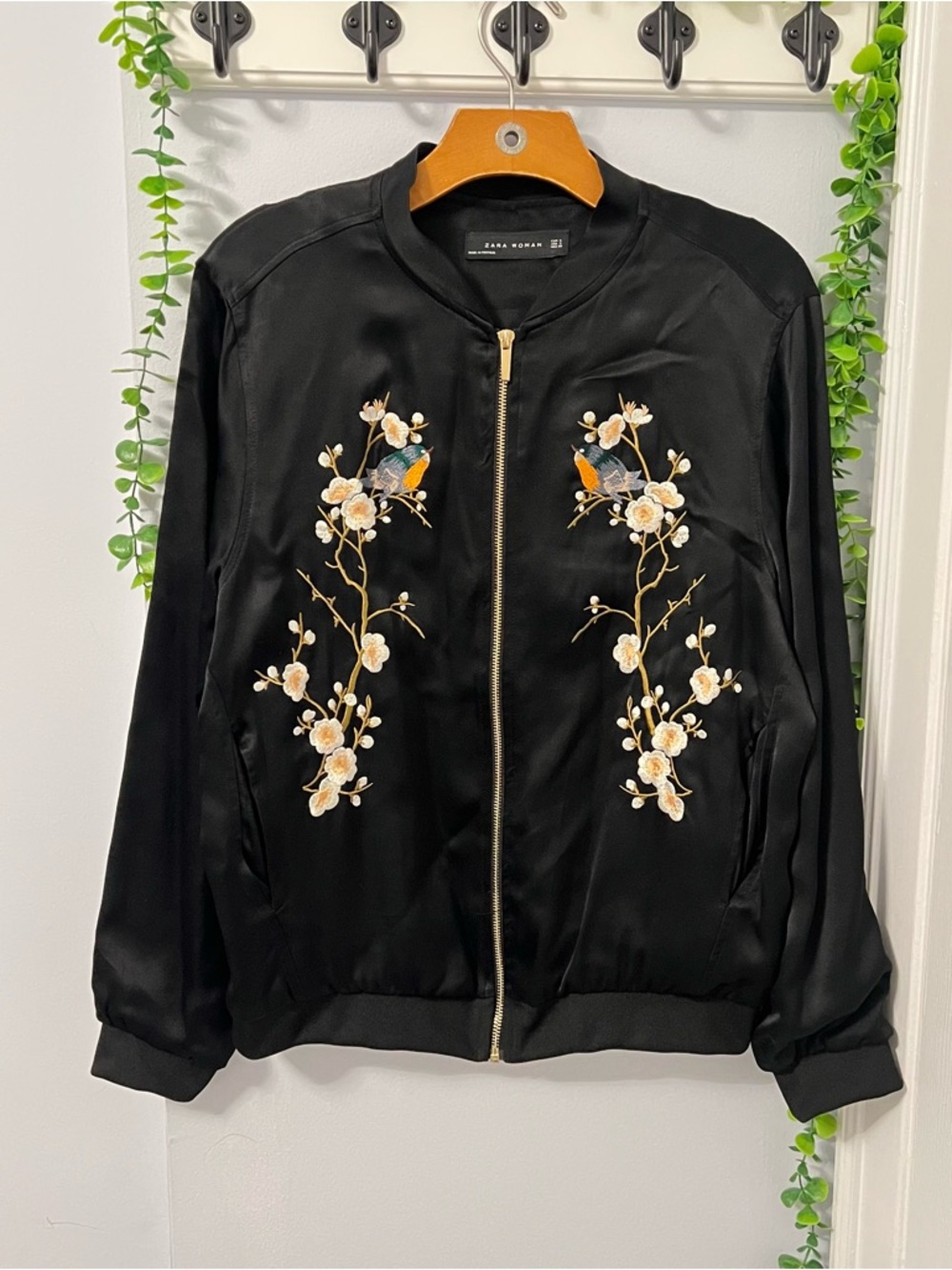 Zara Black Bomber Jacket with Floral & Bird Embroidery